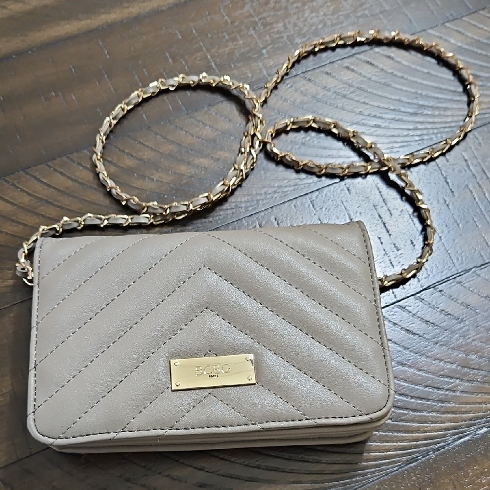 BCBG Taupe Quilted Chevron Crossbody with Gold Chain